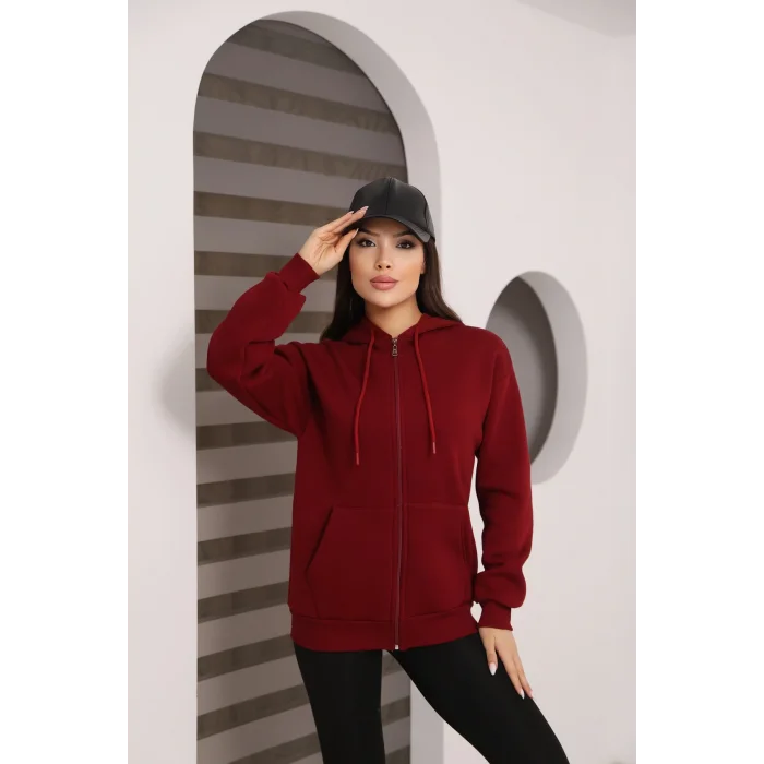 Kapüşonlu Fermuarlı Üç İplik Şardonlu Sweatshirt