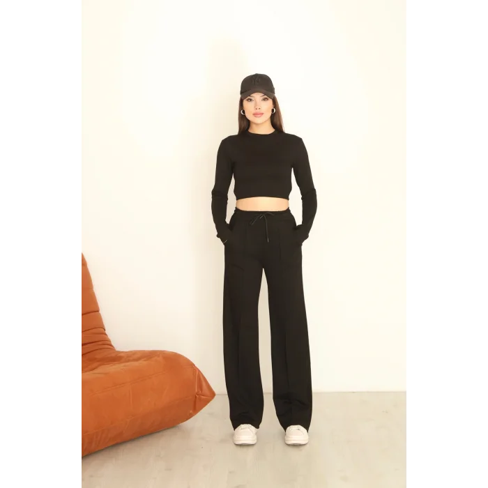 Kadın Üst Crop Altı Çımalı Detaylı Eşofman Takımı