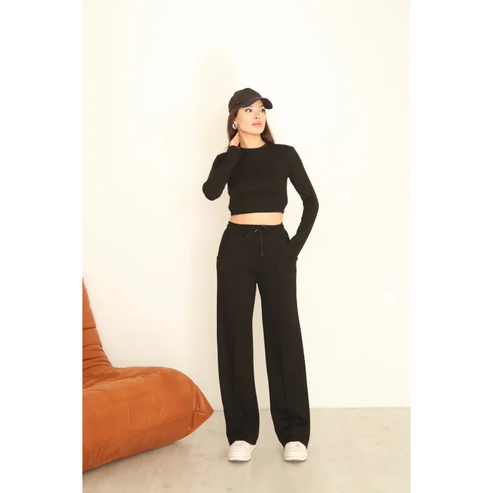 Kadın Üst Crop Altı Çımalı Detaylı Eşofman Takımı