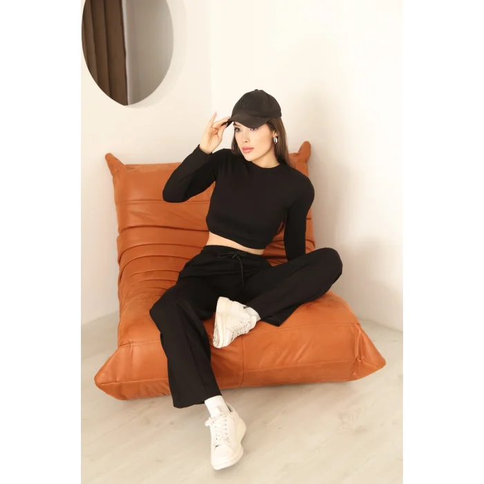 Kadın Üst Crop Altı Çımalı Detaylı Eşofman Takımı