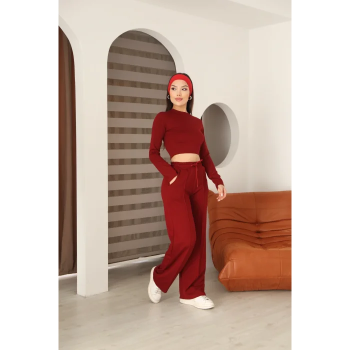 Kadın Üst Crop Altı Çımalı Detaylı Eşofman Takımı