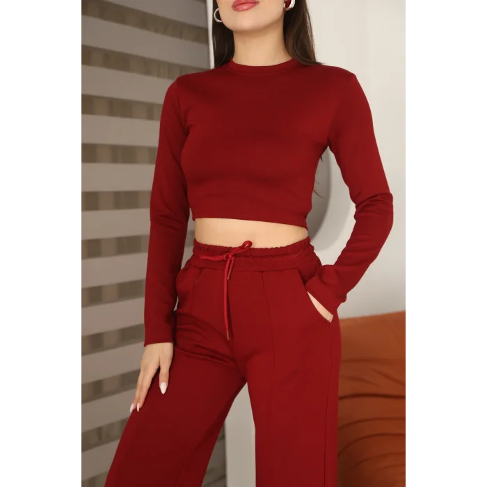 Kadın Üst Crop Altı Çımalı Detaylı Eşofman Takımı