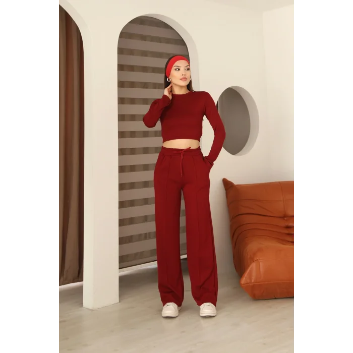 Kadın Üst Crop Altı Çımalı Detaylı Eşofman Takımı