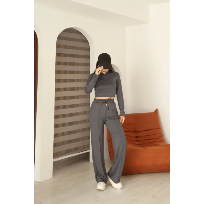 Kadın Üst Crop Altı Çımalı Detaylı Eşofman Takımı