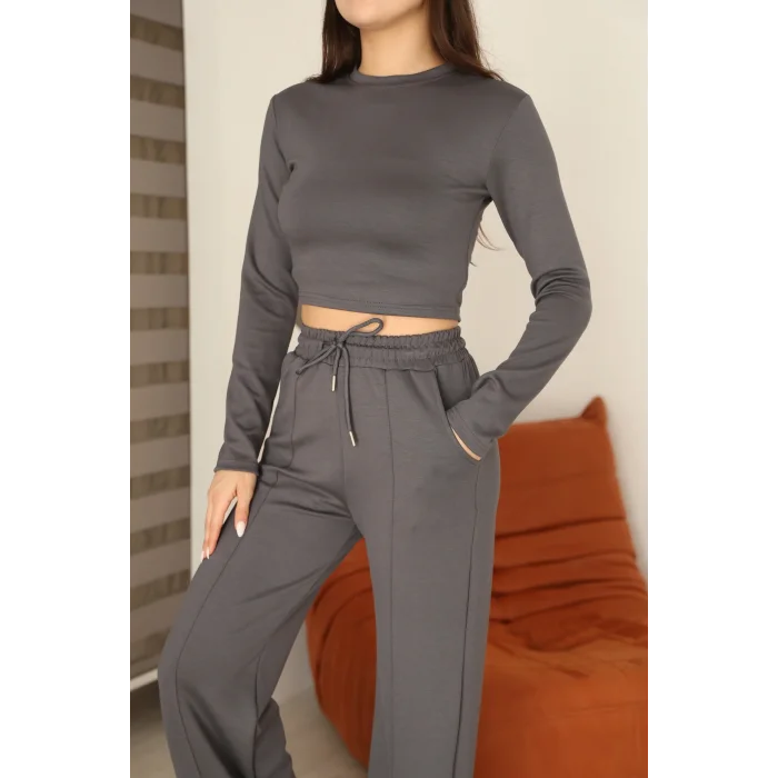 Kadın Üst Crop Altı Çımalı Detaylı Eşofman Takımı