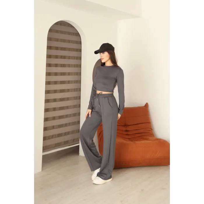 Kadın Üst Crop Altı Çımalı Detaylı Eşofman Takımı