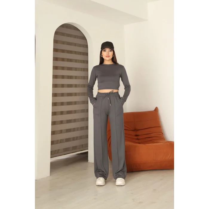 Kadın Üst Crop Altı Çımalı Detaylı Eşofman Takımı