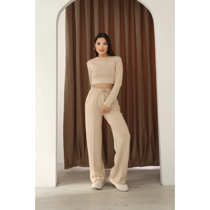 Kadın Üst Crop Altı Çımalı Detaylı Eşofman Takımı