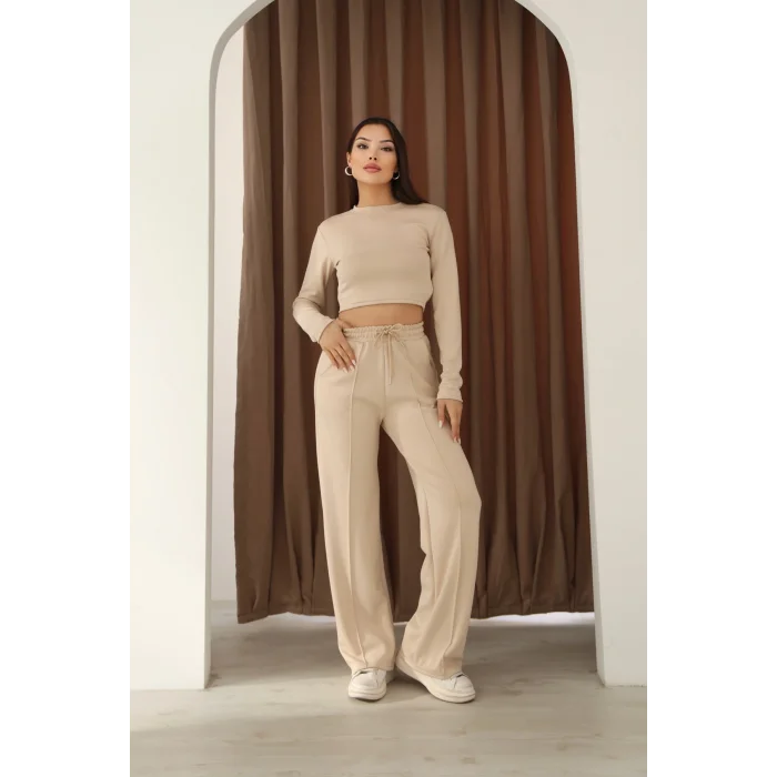 Kadın Üst Crop Altı Çımalı Detaylı Eşofman Takımı