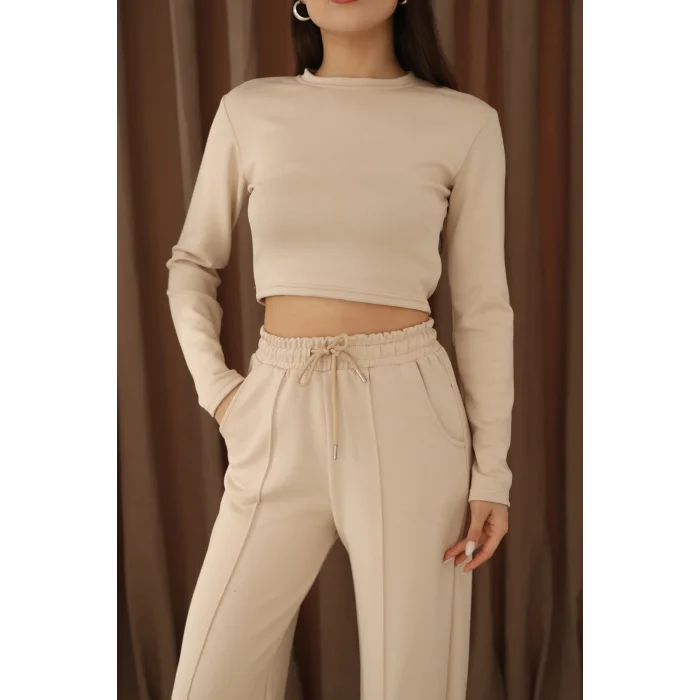 Kadın Üst Crop Altı Çımalı Detaylı Eşofman Takımı