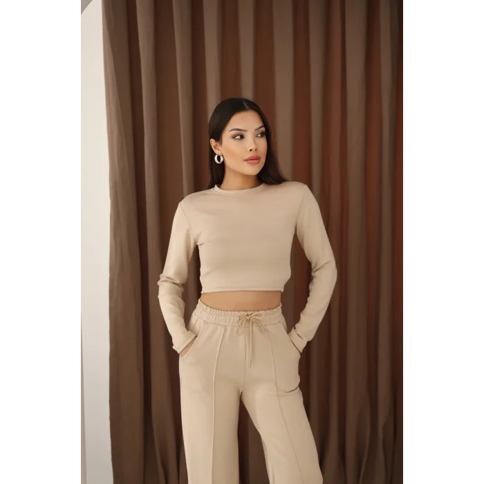Kadın Üst Crop Altı Çımalı Detaylı Eşofman Takımı