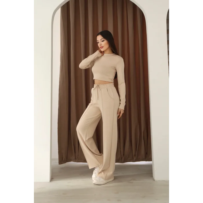 Kadın Üst Crop Altı Çımalı Detaylı Eşofman Takımı