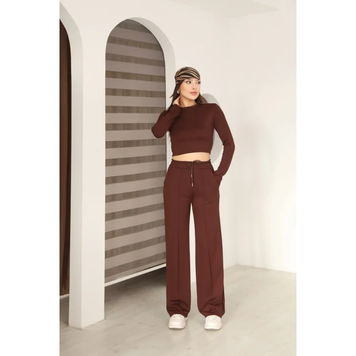 Kadın Üst Crop Altı Çımalı Detaylı Eşofman Takımı