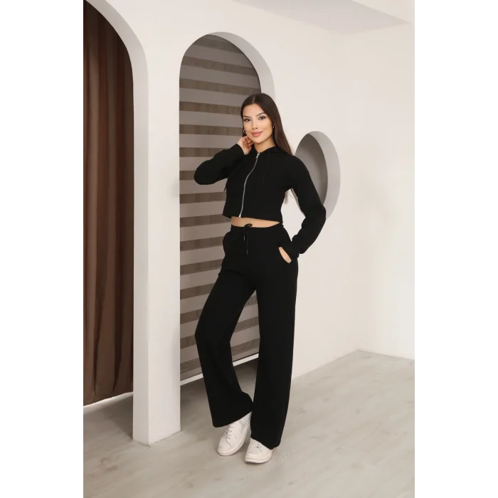 Kadın Kapüşonlu Selanik Kumaş Crop Takım
