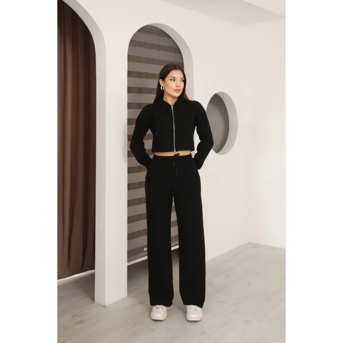 Kadın Kapüşonlu Selanik Kumaş Crop Takım