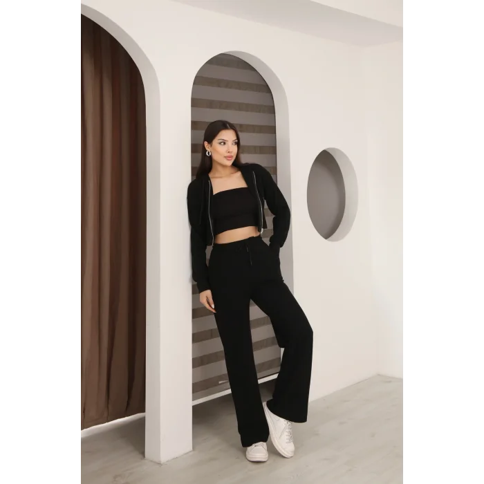 Kadın Kapüşonlu Selanik Kumaş Crop Takım