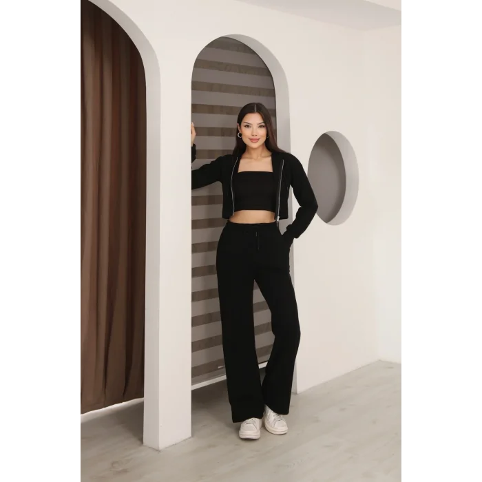 Kadın Kapüşonlu Selanik Kumaş Crop Takım