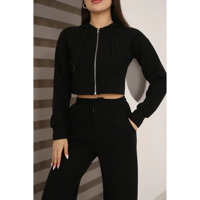 Kadın Kapüşonlu Selanik Kumaş Crop Takım
