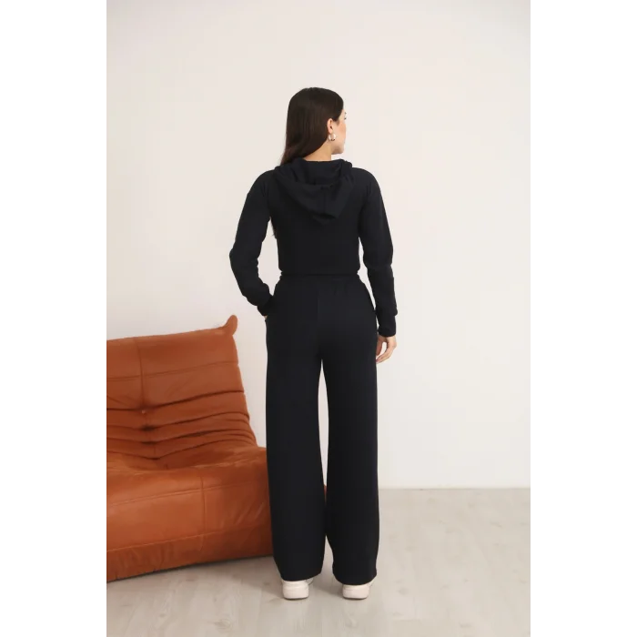 Kadın Kapüşonlu Selanik Kumaş Crop Takım