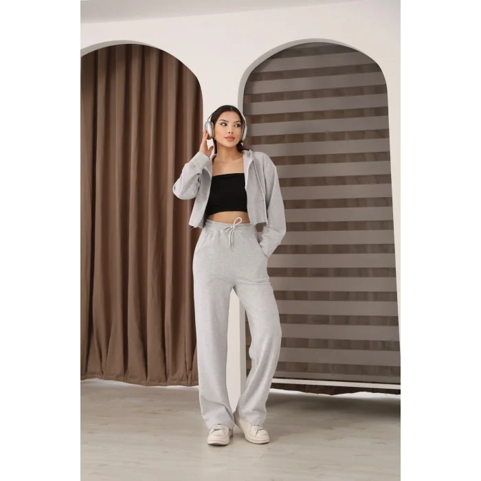 Kadın Kapüşonlu Selanik Kumaş Crop Takım
