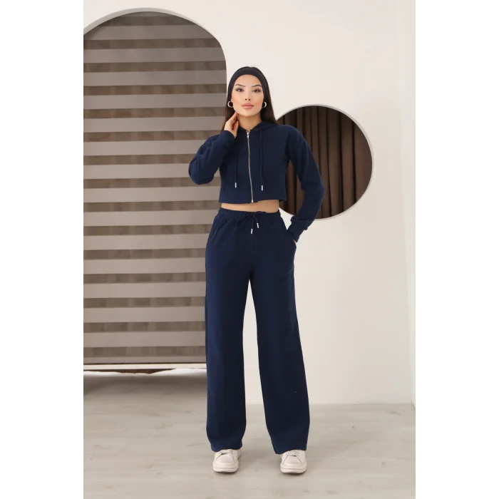 Kadın Kapüşonlu Selanik Kumaş Crop Takım