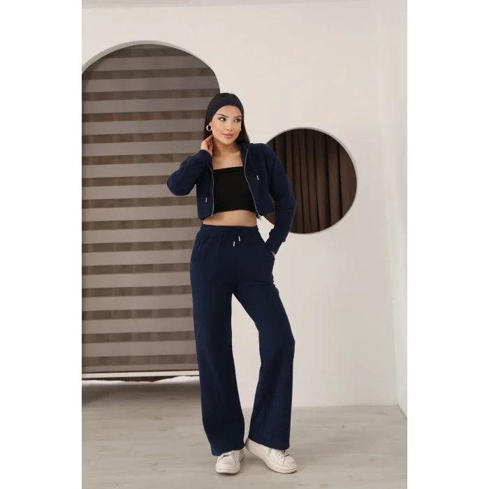 Kadın Kapüşonlu Selanik Kumaş Crop Takım