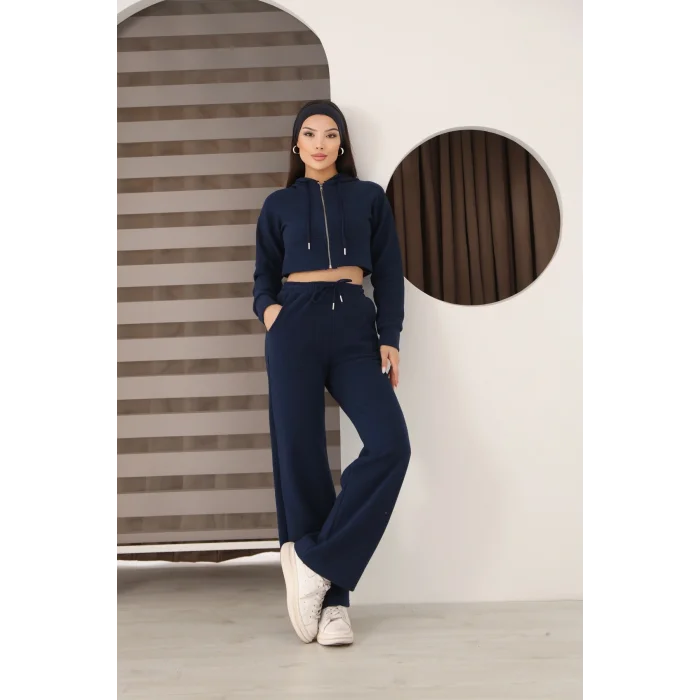 Kadın Kapüşonlu Selanik Kumaş Crop Takım