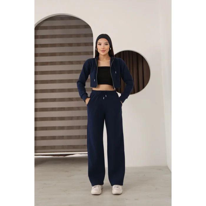 Kadın Kapüşonlu Selanik Kumaş Crop Takım