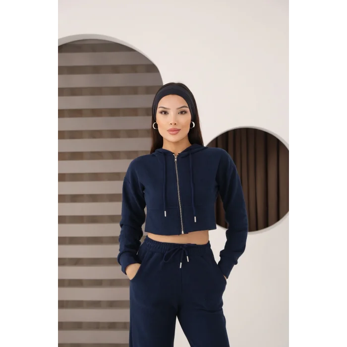 Kadın Kapüşonlu Selanik Kumaş Crop Takım