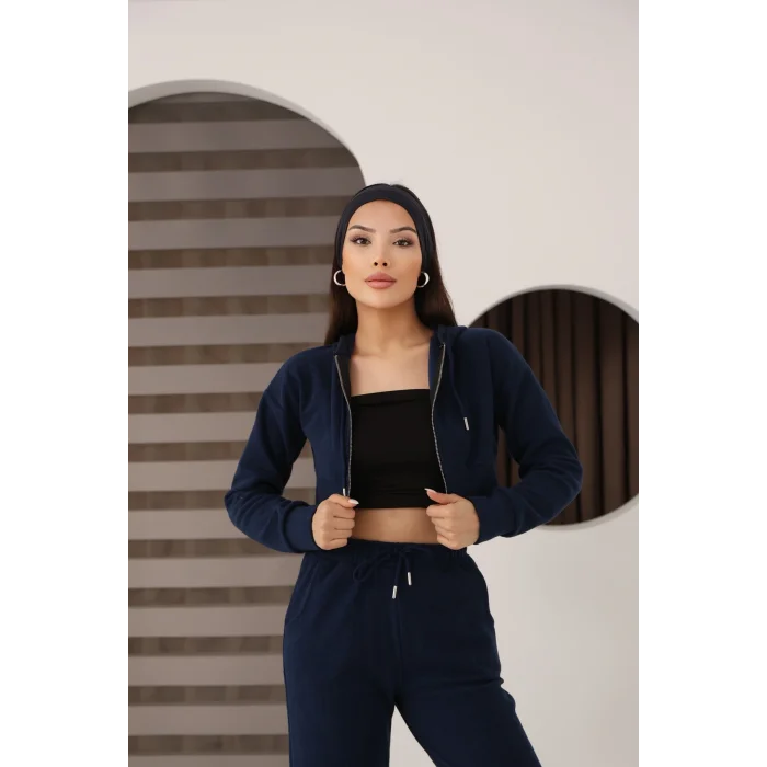 Kadın Kapüşonlu Selanik Kumaş Crop Takım