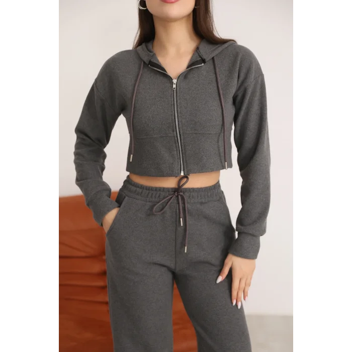 Kadın Kapüşonlu Selanik Kumaş Crop Takım