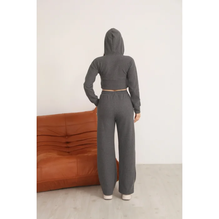 Kadın Kapüşonlu Selanik Kumaş Crop Takım