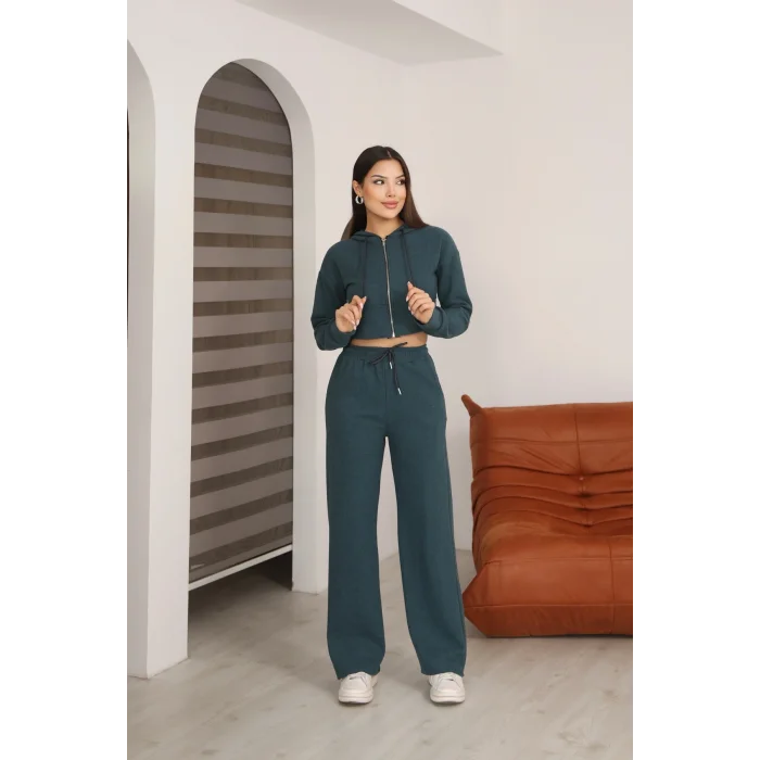 Kadın Kapüşonlu Selanik Kumaş Crop Takım