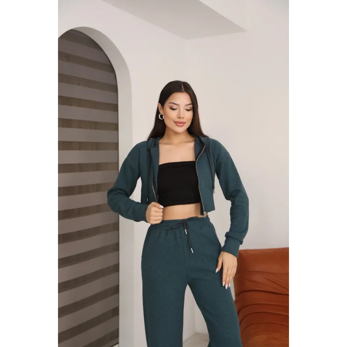 Kadın Kapüşonlu Selanik Kumaş Crop Takım