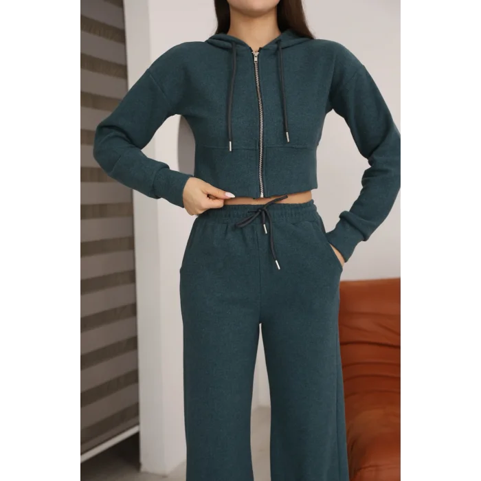 Kadın Kapüşonlu Selanik Kumaş Crop Takım