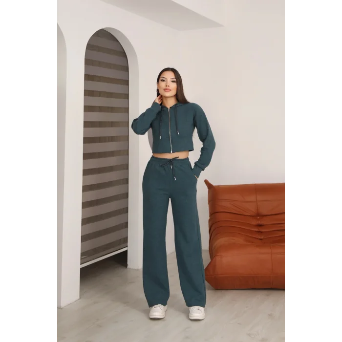 Kadın Kapüşonlu Selanik Kumaş Crop Takım