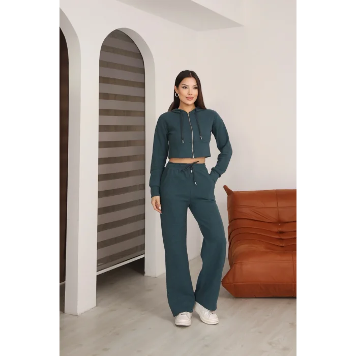 Kadın Kapüşonlu Selanik Kumaş Crop Takım