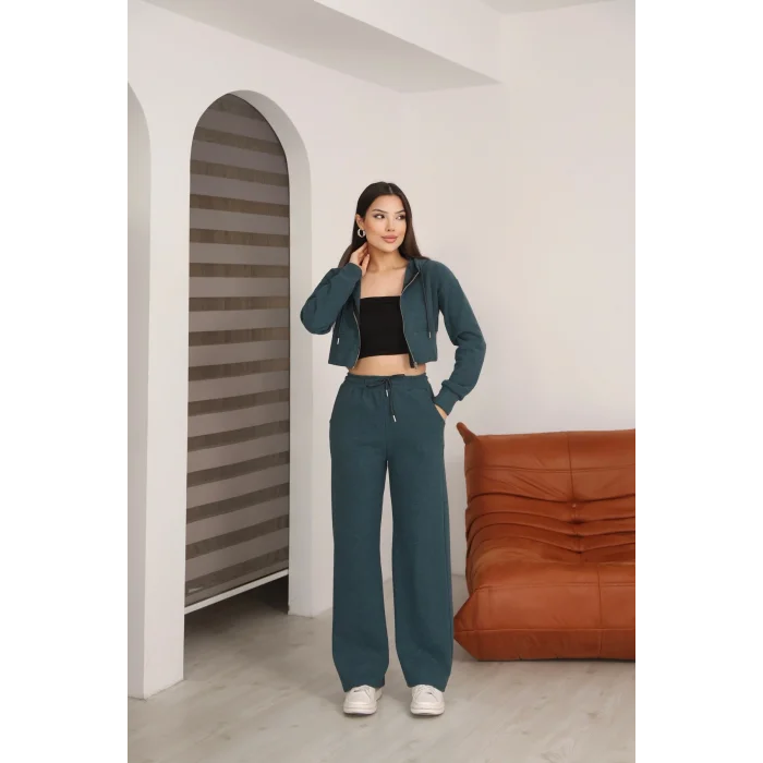 Kadın Kapüşonlu Selanik Kumaş Crop Takım