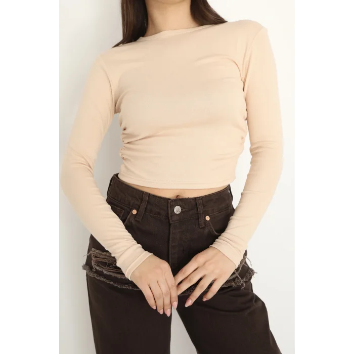 BİSİKLET YAKA UZUN KOLLU BLUZ - BEJ