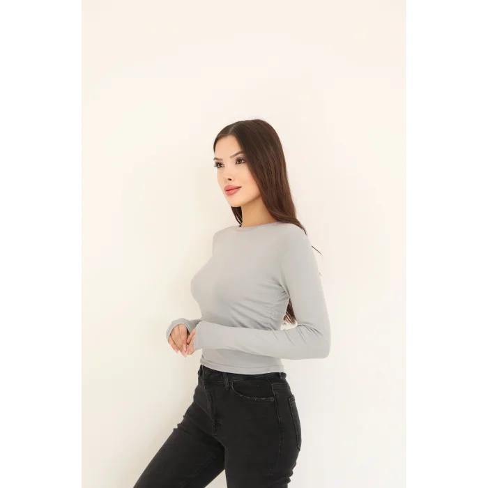 BİSİKLET YAKA UZUN KOLLU BLUZ - GRİ
