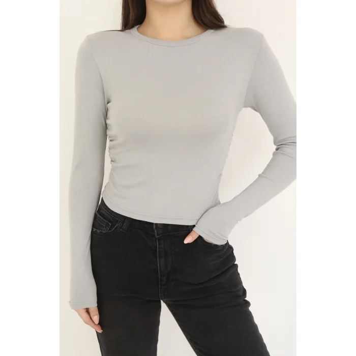 BİSİKLET YAKA UZUN KOLLU BLUZ - GRİ