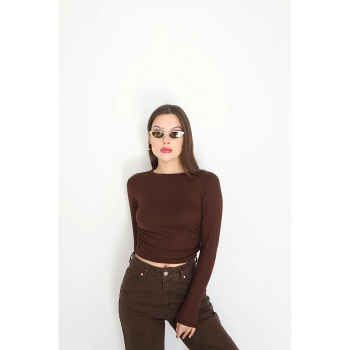 BİSİKLET YAKA UZUN KOLLU BLUZ - KAHVERENGİ