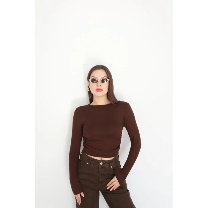 BİSİKLET YAKA UZUN KOLLU BLUZ - KAHVERENGİ