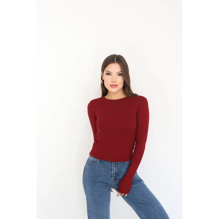 BİSİKLET YAKA UZUN KOLLU BLUZ - KIRMIZI