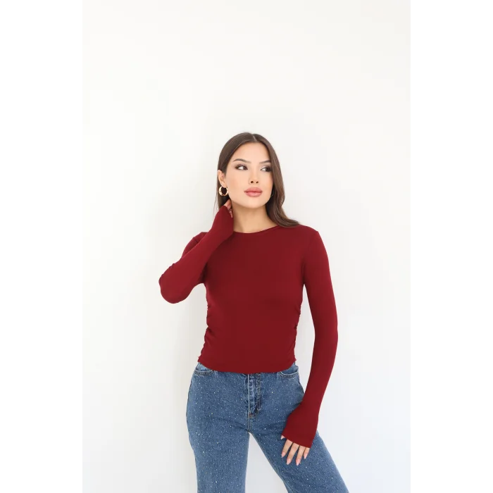 BİSİKLET YAKA UZUN KOLLU BLUZ - KIRMIZI