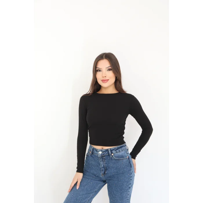 BİSİKLET YAKA UZUN KOLLU BLUZ - SİYAH