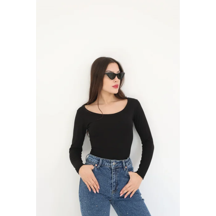 KARE YAKA UZUN KOLLU BLUZ - SİYAH