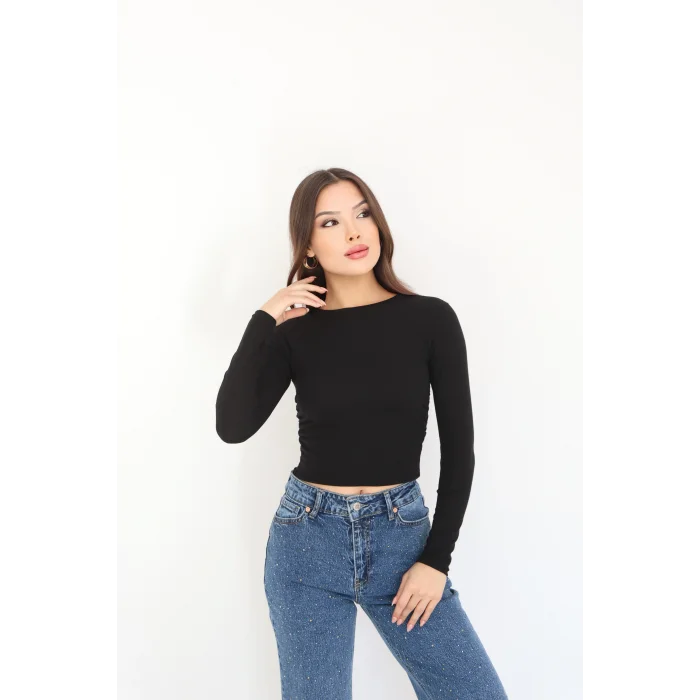 BİSİKLET YAKA UZUN KOLLU BLUZ - SİYAH