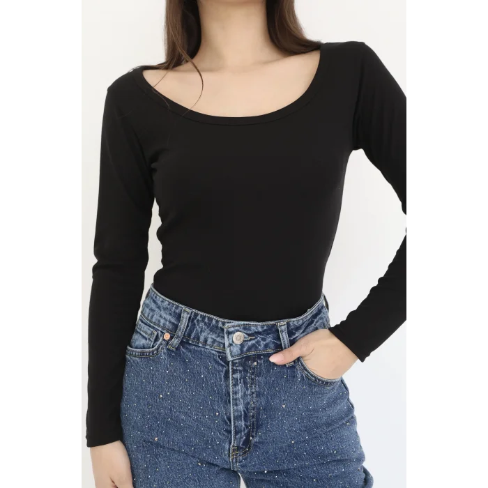 KARE YAKA UZUN KOLLU BLUZ - SİYAH