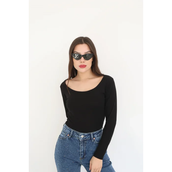 KARE YAKA UZUN KOLLU BLUZ - SİYAH